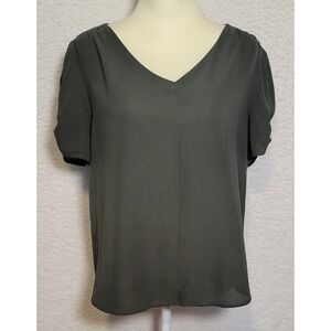 Adrianna Papell Womens Blouse Size L Top Short Sleeve Pullover V-Neck Green 1196